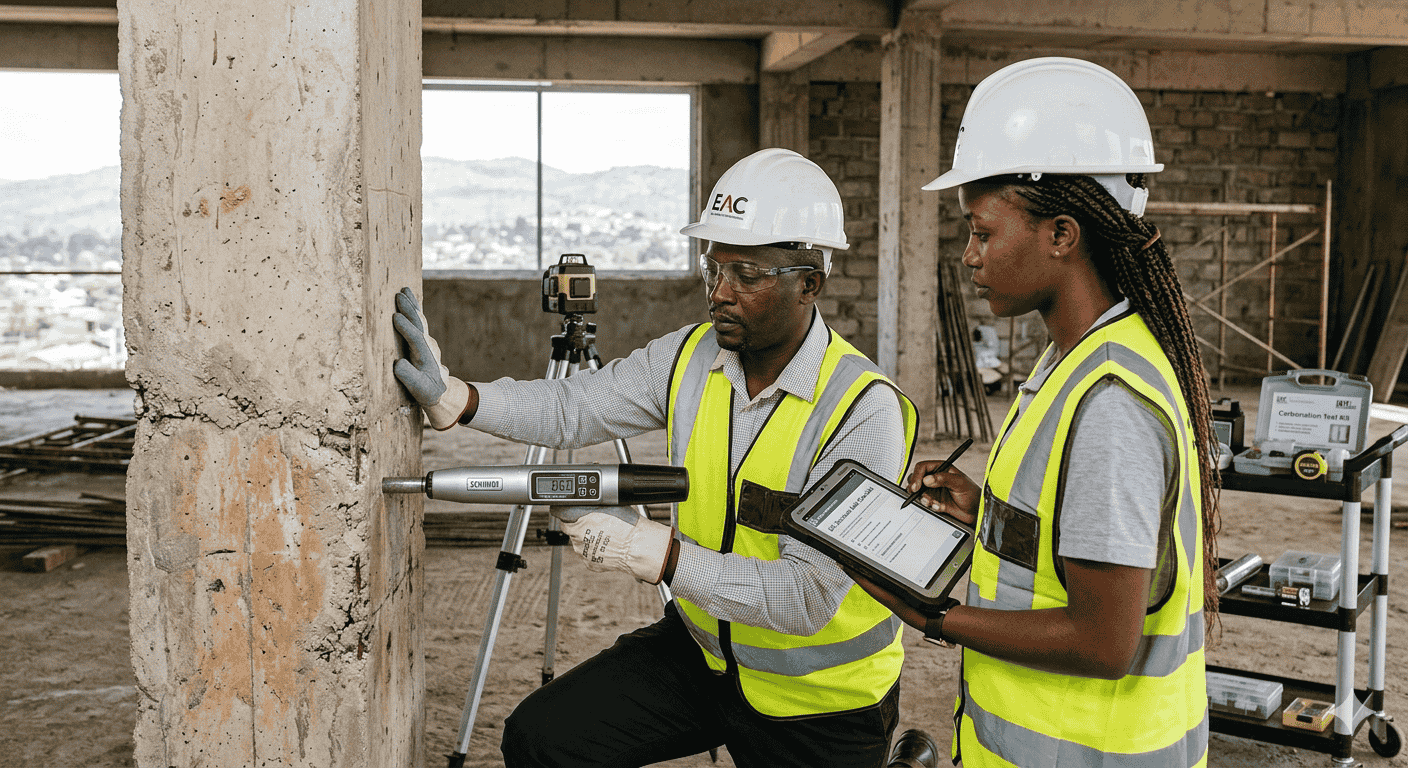 Engineer inspecting building structure for structural audit in Kenya