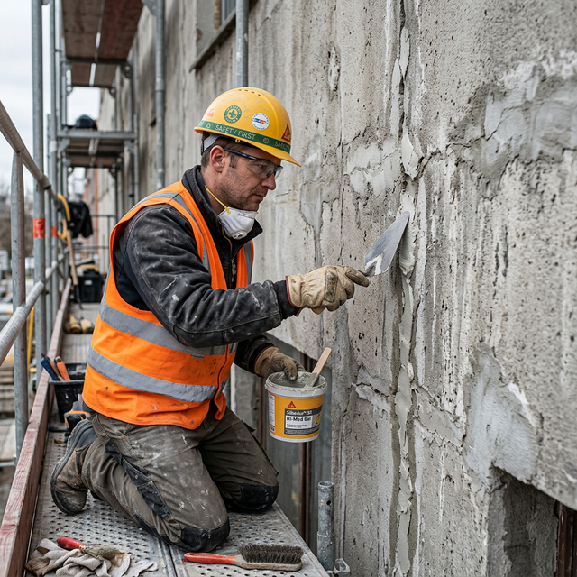 African worker repairing concrete cracks on a building