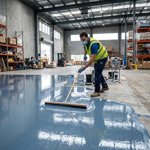 African worker applying epoxy floor coating in a warehouse